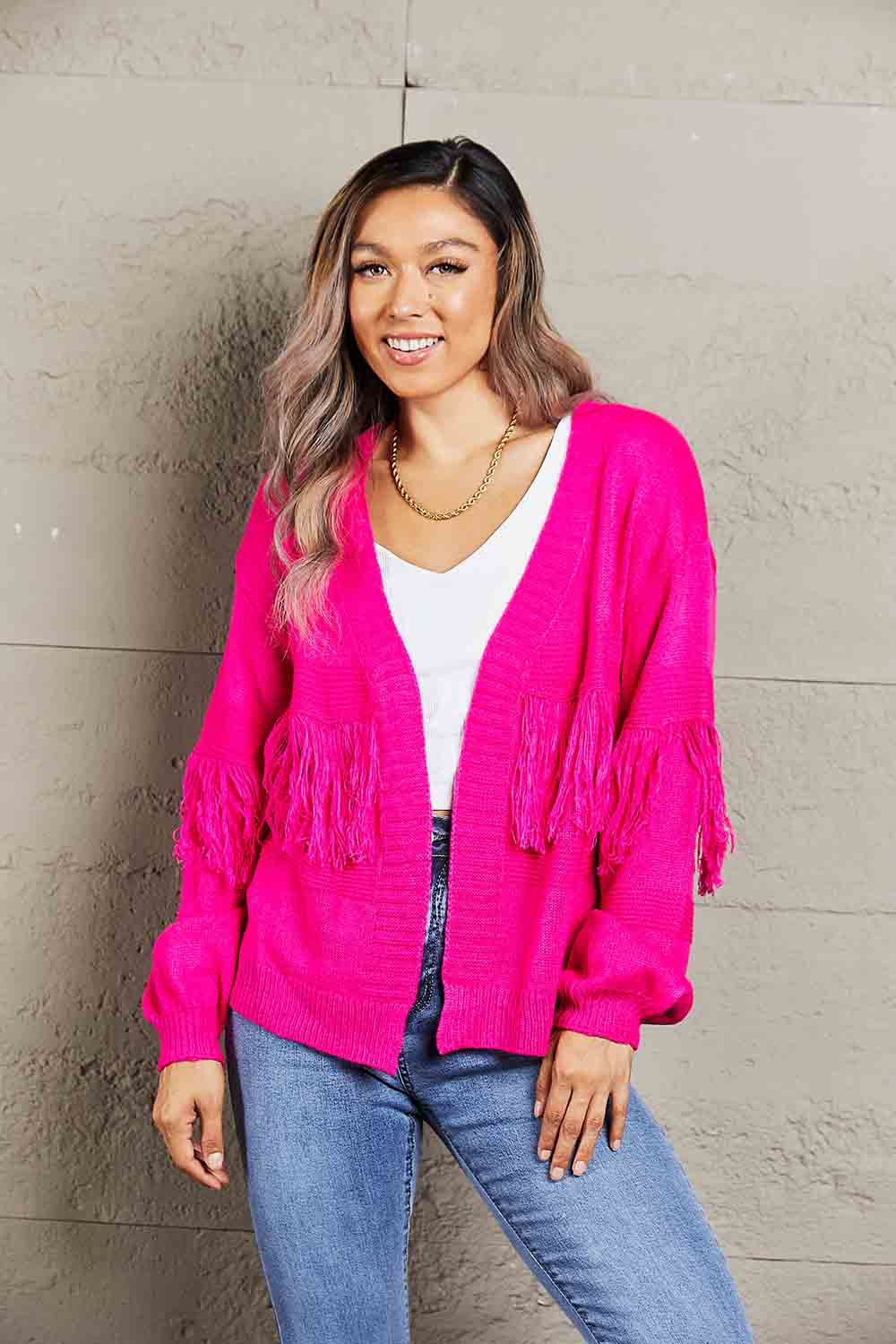 Fringe Trim Open Front Cardigan