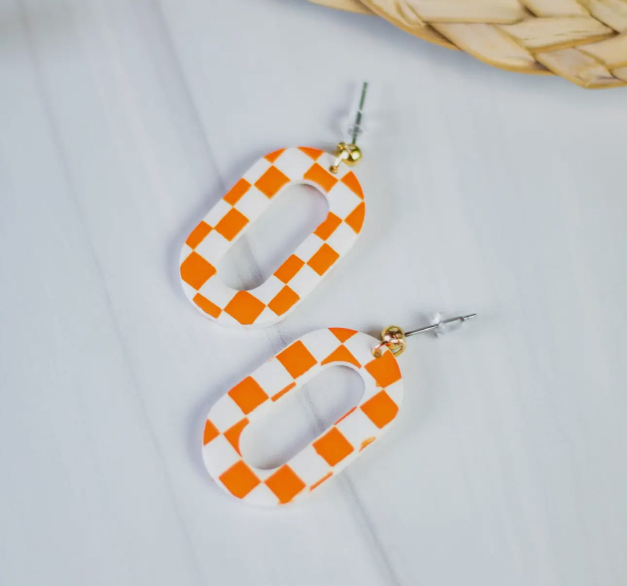 Orange & White Checked Earring