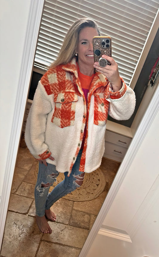 Orange & White Sherpa Shacket